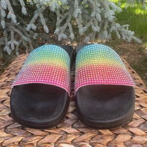 Colorful Rainbow Rhinestone Glitter Slide Flat Pool Spa Beach Sandals. Size 9